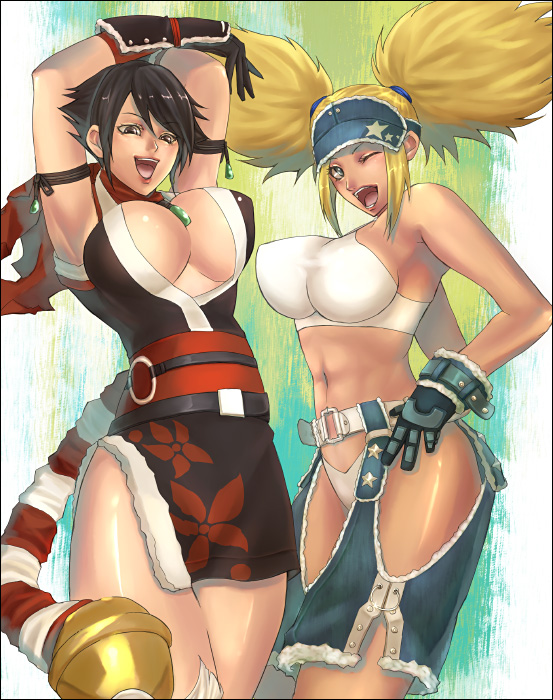 black_eyes black_hair blonde_hair blue_eyes blue_mary breasts cleavage hip_vent king_of_fighters king_of_fighters_maximum_impact kof kof:_maximum_impact kunoichi large_breasts long_hair maximum_impact multiple_girls ninja shiranui_mai short_hair smile snk the_king_of_fighters twintails wink