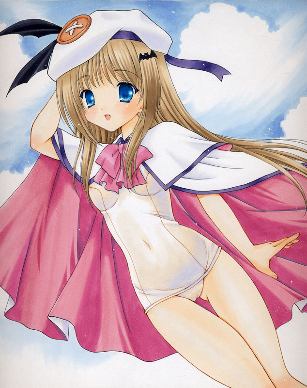 bad_id bad_pixiv_id blonde_hair blue_eyes bow cameltoe cape caramelbox hat little_busters! long_hair noumi_kudryavka one-piece_swimsuit pink_bow school_swimsuit solo swimsuit swimsuit_under_clothes traditional_media white_school_swimsuit white_swimsuit