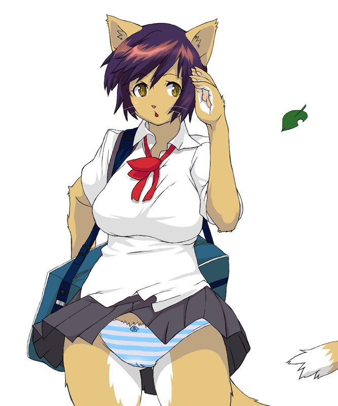 animal_ears bag cat_ears cat_tail furry kemonon panties paws pixiv16853 purple_hair ricosye school_uniform skirt skirt_lift striped striped_panties tail underwear yellow_eyes