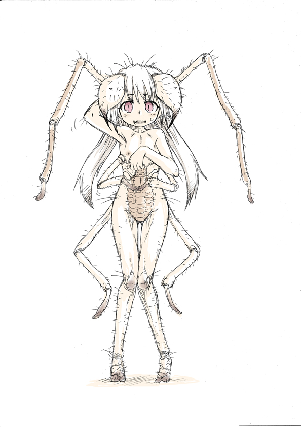 armpits bad_id bad_pixiv_id bare_shoulders bug camel_spider eyebrows fang flat_chest insect_girl kazuho_(kazu-ho-ho) long_hair monochrome monster_girl nipples open_mouth original personification solo spider spider_girl sweatdrop