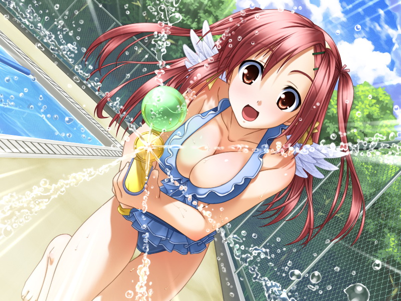 :d aiming_at_viewer angel_wings barefoot bikini breast_squeeze breasts brown_eyes chain-link_fence cleavage day dutch_angle fence frilled_bikini frills game_cg hair_ornament hairclip happy kokoyori_haruka_-surrounded_sea_in_the_world- large_breasts long_hair minase_lin murakami_suigun open_mouth outdoors pink_hair pool poolside pov running sakurakaze_urara sky smile solo splashing swimsuit thigh_gap twintails two_side_up vanishing_point water water_gun wings