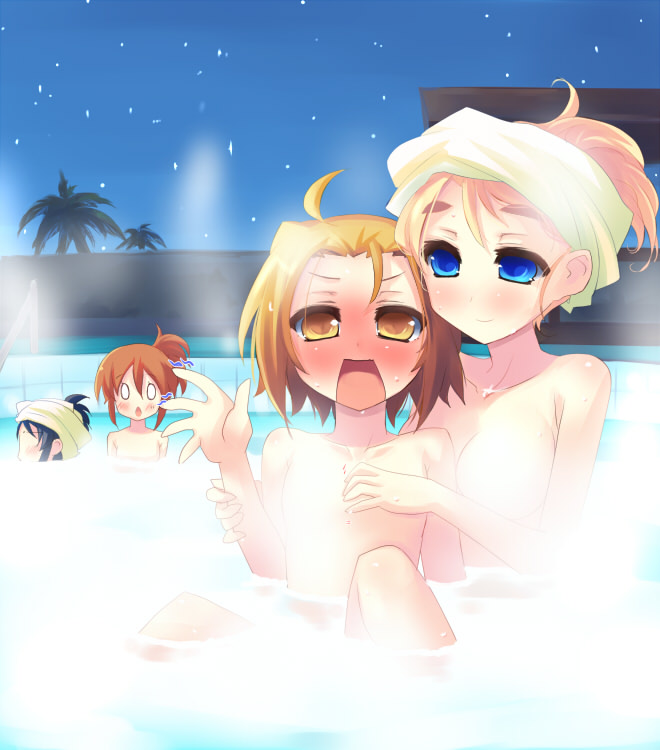 ahoge akiyama_mio blush breast_grab breasts flat_chest grabbing hirasawa_yui k-on! kotobuki_tsumugi medium_breasts multiple_girls night nude o_o onsen open_mouth outdoors partially_submerged shin_(new) steam tainaka_ritsu tomboy towel towel_on_head water yuri