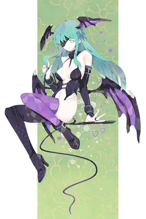 asymmetrical_clothes breasts cleavage corset demon_girl duplicate elbow_gloves eyepatch gloves green_hair heart high_heels large_breasts long_hair mismatched_footwear morrigan_aensland purple_wings shoes solo succubus tako_ashin thighhighs vampire_(game) wings