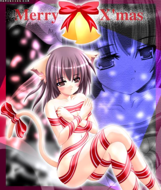 animal_ears blush brown_hair cat_ears cat_tail catgirl christmas gift_wrapped hand_over_chest long_hair navel purple_hair ribbon tail tail_ribbon