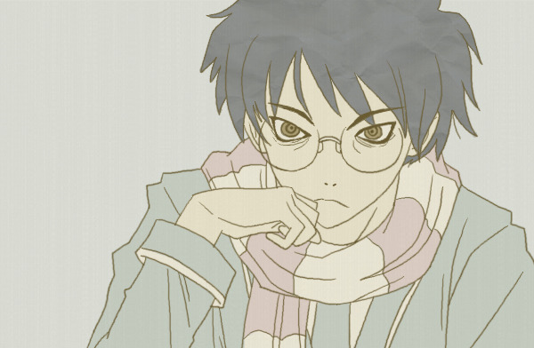 black_hair brown_eyes chin_rest glasses grey_background hitotoshite_jiku_ga_bureteiru itoshiki_nozomu katawa_shoujo male_focus md5_mismatch parody pimmy sayonara_zetsubou_sensei scarf setou_kenji simple_background solo