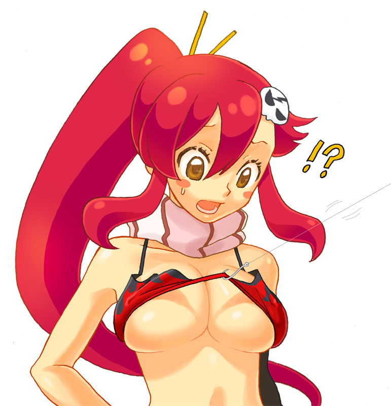 1girl assisted_exposure bad_id bad_pixiv_id biafura bikini_top blush_stickers breasts cleavage fishing_hook fishing_line hair_ornament large_breasts long_hair ponytail red_hair scarf solo tengen_toppa_gurren_lagann yoko_littner