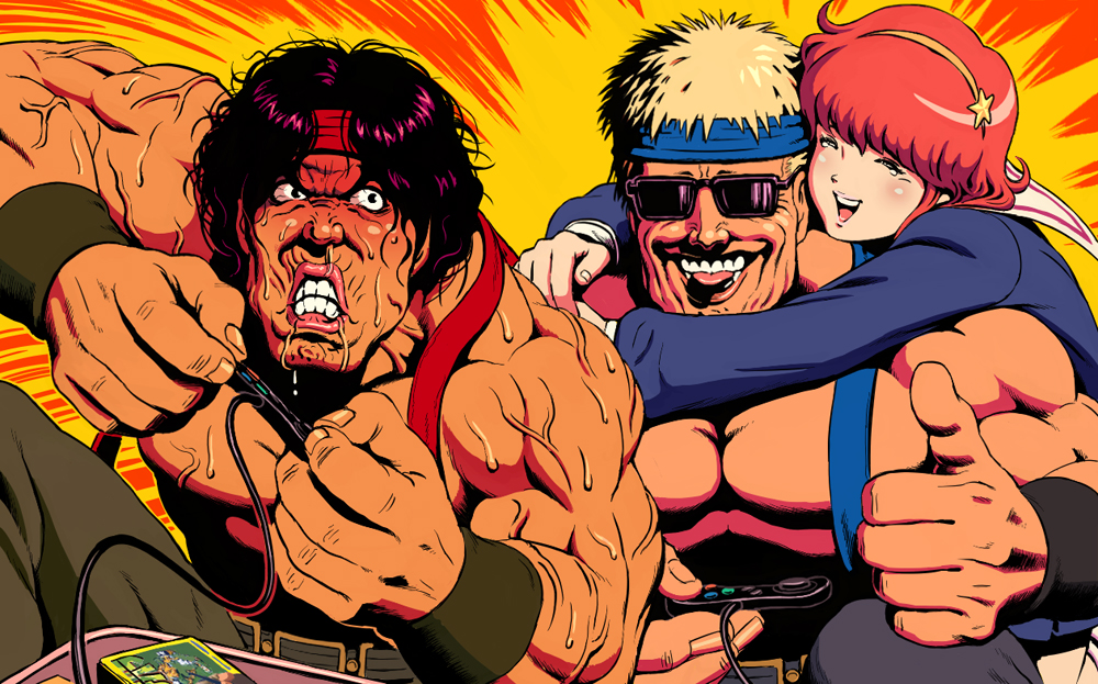 2boys 80s angry asamiya_athena clark_still controller game_controller gamepad hairband headband ikari_(game) multiple_boys muscle neo_geo_cd oldschool playing_games psycho_soldier ralf_jones sakkan snk sunglasses the_king_of_fighters thumbs_up veins video_game