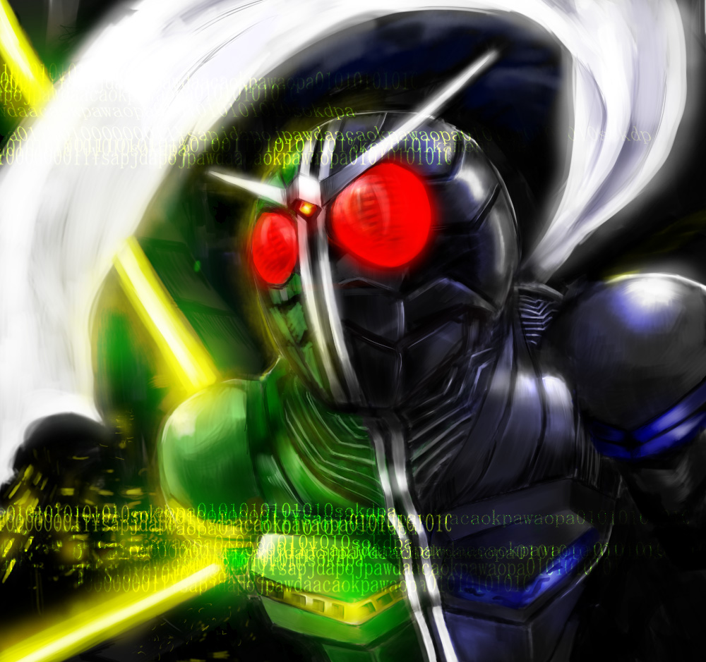 antennae glowing glowing_eyes kamen_rider kamen_rider_double kamen_rider_w male_focus moyashikko scarf solo