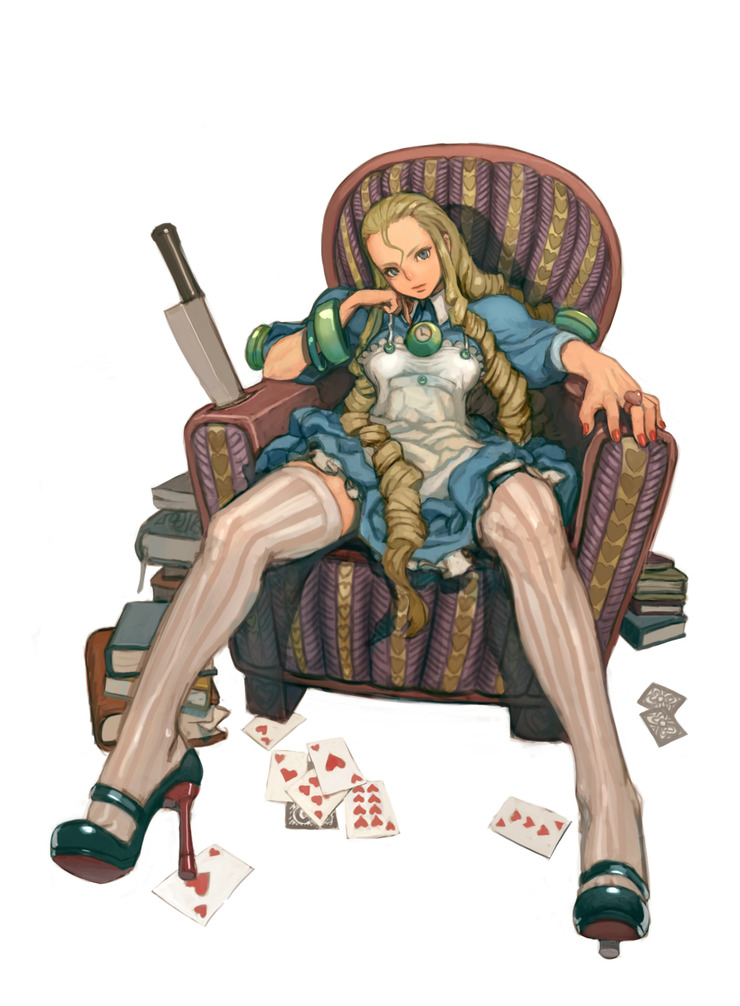 alice_(wonderland) alice_in_wonderland arm_support blonde_hair blue_eyes book card chair drill_hair forehead full_body high_heels jewelry knife long_hair lying_card nail_polish playing_card red_nails ring shoes sitting solo striped striped_legwear thighhighs vertical-striped_legwear vertical_stripes weltol