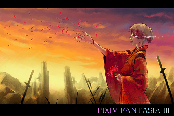 akatsuhara_empire battlefield blonde_hair flower japanese_clothes male_focus multicolored_hair oropi petals pixiv pixiv_fantasia pixiv_fantasia_3 polearm red_eyes rock sky solo sunset sword tears weapon