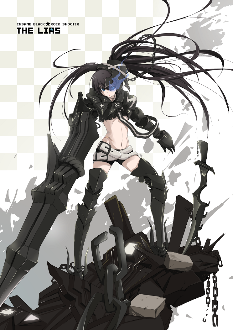armor belt black_hair black_rock_shooter blue_eyes boots burning_eye cannon chain gauntlets greaves huge_weapon insane_black_rock_shooter long_hair loose_belt midriff navel pale_skin scar shorts solo sword twintails uneven_twintails weapon zhao_shuwen