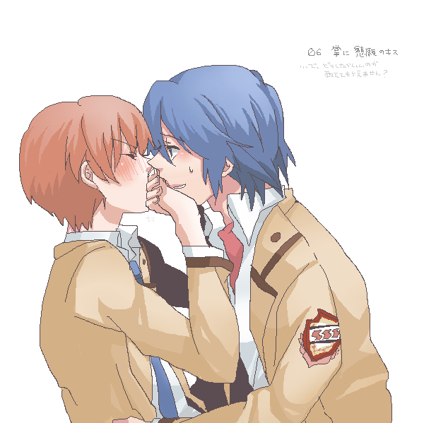 angel_beats! bangs blazer blue_hair blue_neckwear blush brown_hair collared_shirt covering_mouth embarrassed face-to-face from_side hand_kiss hand_over_another's_mouth hands_up hinata_(angel_beats!) holding_hand jacket kiss long_sleeves looking_at_another male_focus multiple_boys necktie oekaki open_clothes open_jacket otonashi_(angel_beats!) profile shirt simple_background sweatdrop takumi_(scya) upper_body white_background yaoi