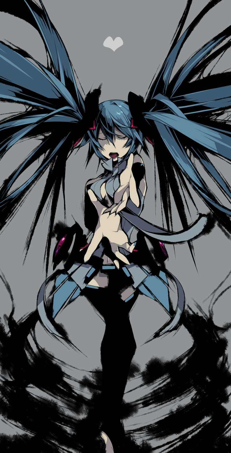 aqua_hair bad_id bad_pixiv_id belt closed_eyes hands hatsune_miku hatsune_miku_(append) heart highres keruberosu-a long_hair music necktie open_mouth singing solo twintails very_long_hair vocaloid vocaloid_append