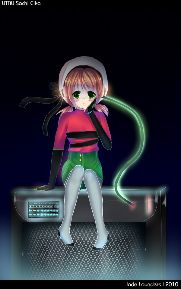 amp amplifier beret black blush brown_hair buret cute eika_sachi green_eyes grey hat headphones jade_launders microphones music overseas overseas_utau pigtails sachi_eika short_twintails speaker twintails utau utauloid vocaloid