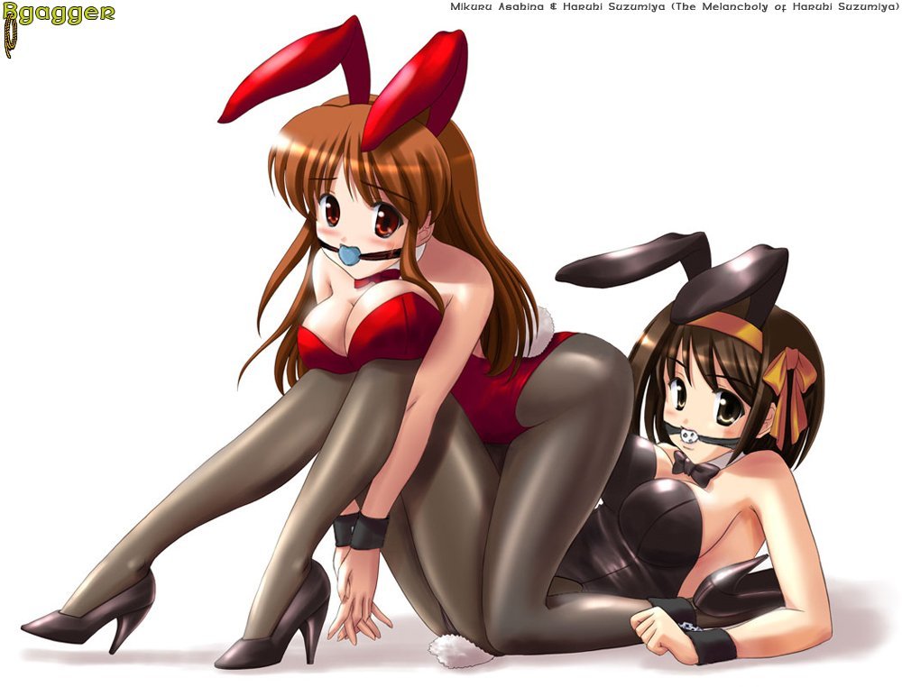 2girls ball_gag bdsm bondage breasts bunny_ears bunny_girl bunny_tail bunnysuit forced_yuri high_heels suzumiya_haruhi suzumiya_haruhi_no_yuuutsu yuri