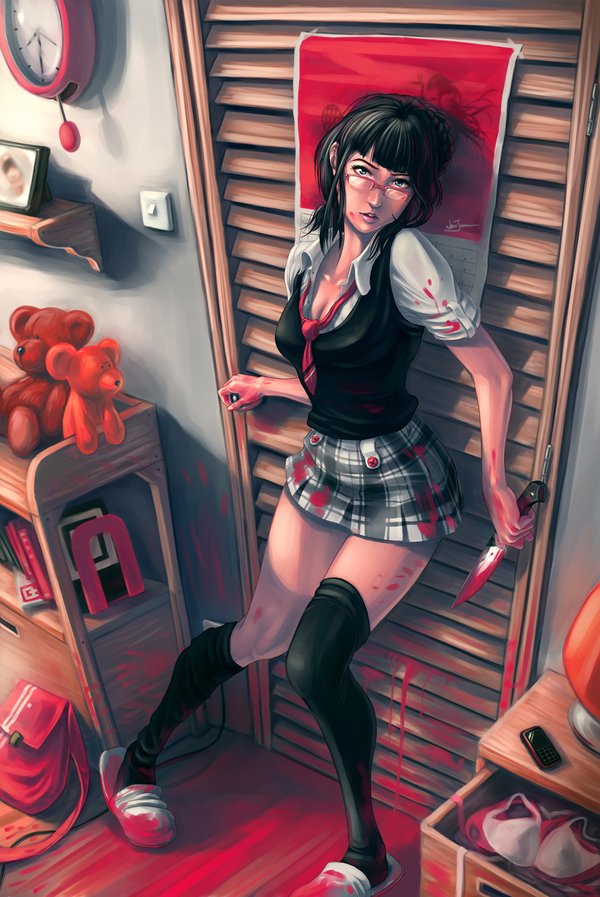 1girl black_hair black_legwear black_thighhighs blood blood_stain blood_stains breasts cleavage closet copyright_request glasses guro knife leaning miniskirt murder necktie open_mouth payot plaid plaid_skirt school_uniform seifuku sidelocks skirt slippers solo stain standing stuffed_animal stuffed_toy sweater sweater_vest tartan teddy_bear thighhighs vest weapon zettai_ryouiki