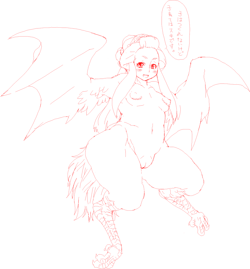 1girl blush breasts female harpy hips japanese_text large_nipples looking_at_viewer monochrome monster monster_girl nezumi nezunezu nude open_mouth ponytail pussy pyro_oshichi red_and_white solo talons text translation_request uncensored wide_hips wings