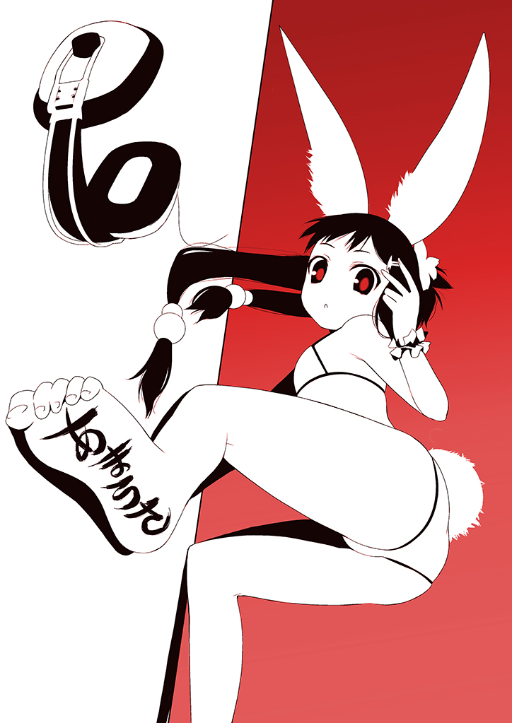 :o all_fours amausa animal_ears ass barefoot bikini bunny_ears bunny_tail feet flat_chest foreshortening headphones long_hair monochrome pov_feet red red_background red_eyes soles solo spot_color swimsuit tail tamausagi u_(the_unko)