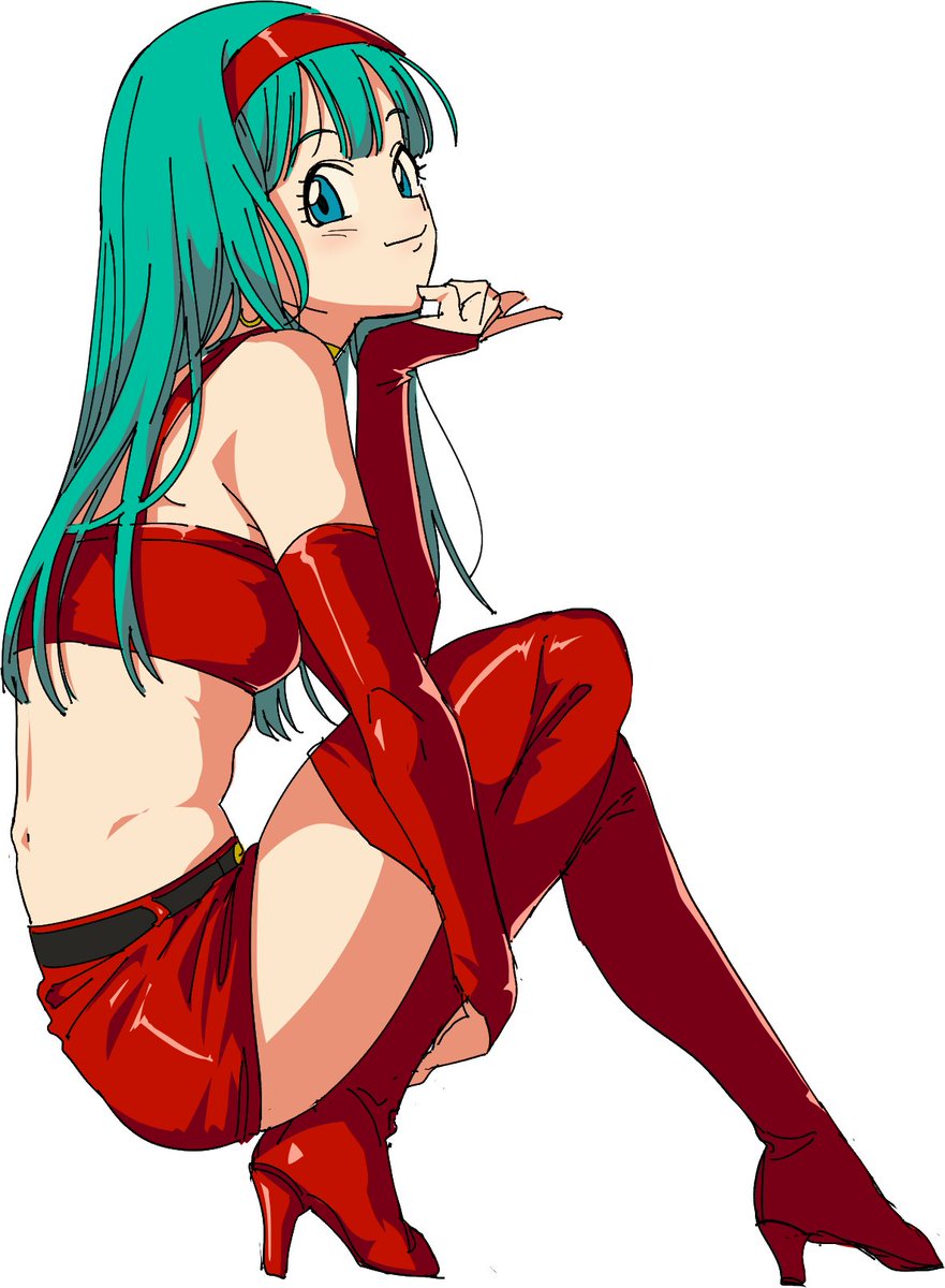 1girl aqua_eyes aqua_hair bandeau bangs boots bra_(dragon_ball) bridal_gauntlets dragon_ball from_side full_body hairband high_heel_boots high_heels highres knees_up long_hair looking_at_viewer midriff red_footwear red_hairband red_legwear simple_background smile solo thigh_boots thighhighs white_background zau_(okogesan)