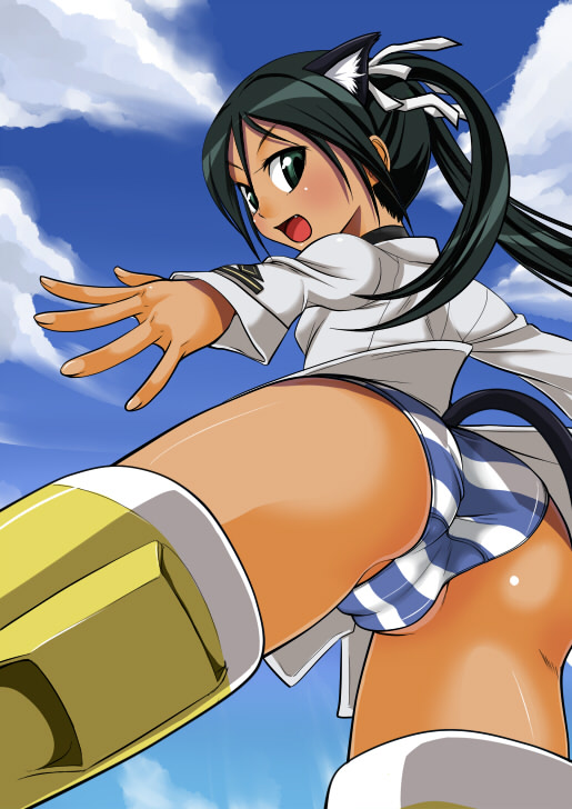 ass black_hair breasts cameltoe francesca_lucchini from_below green_eyes medium_breasts no_pants panties pantyshot solo strike_witches striped striped_panties tail taku-tama trefoil twintails underwear world_witches_series