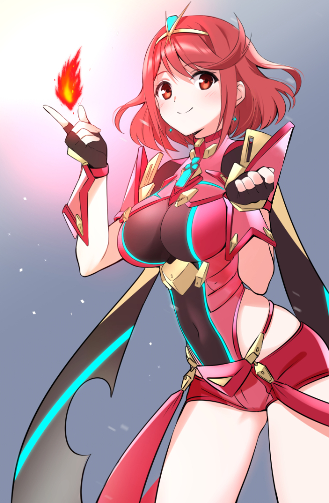 1girl black_gloves breasts closed_mouth earrings fingerless_gloves fire gloves headpiece homura_(xenoblade_2) jewelry looking_at_viewer medium_breasts misu_kasumi nintendo red_eyes red_hair red_shorts short_hair shorts shoulder_armor smile solo xenoblade_(series) xenoblade_2