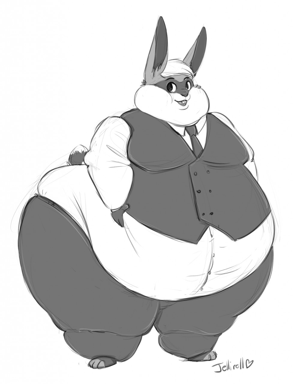 anthro belly belly_overhang big_belly big_butt buckteeth butt chubby_cheeks clothed clothing double_chin greyscale huge_butt hyper hyper_belly jelliroll lagomorph love_handles male mammal monochrome moobs morbidly_obese necktie obese obese_male open_mouth open_smile overweight overweight_male rabbit simple_background smile solo standing teeth thick_thighs vest white_background wide_hips winston_(roller-2009)