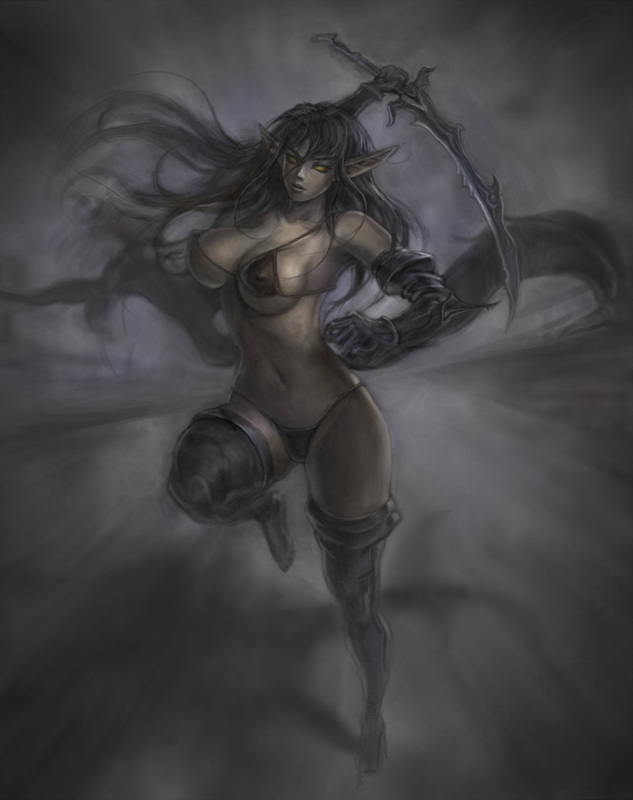 armpits battle bikini breasts cleavage covered_nipples curvy elf gauntlets greaves groin large_breasts leg_up long_hair looking_at_viewer micro_bikini navel neongun night_elf pointy_ears running sideboob solo swimsuit sword thighhighs warcraft weapon wide_hips world_of_warcraft