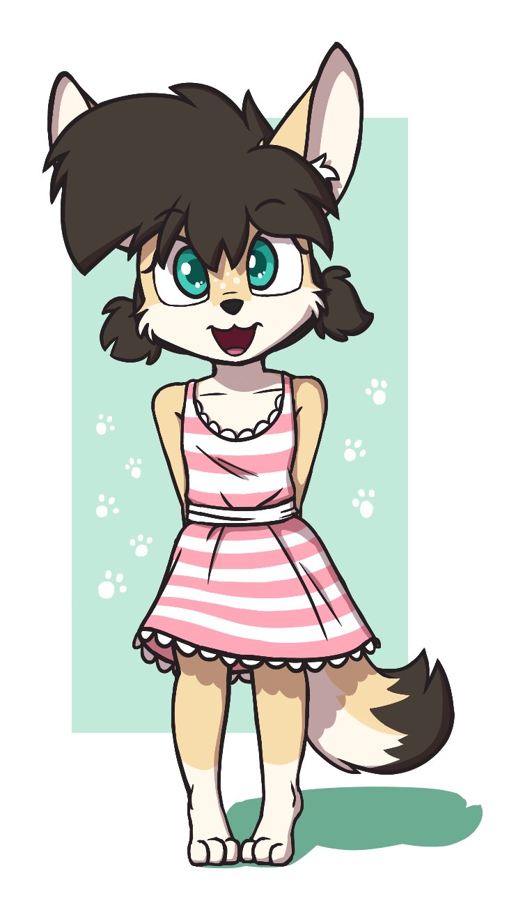 2018 aggie_(artist) anthro brown_hair canid canine clothed clothing cub digital_media_(artwork) dress female fennec footprint fox freckles fur green_eyes hair inner_ear_fluff kaelie looking_at_viewer mammal open_mouth pawprint pigtails shirt simple_background smile solo standing young