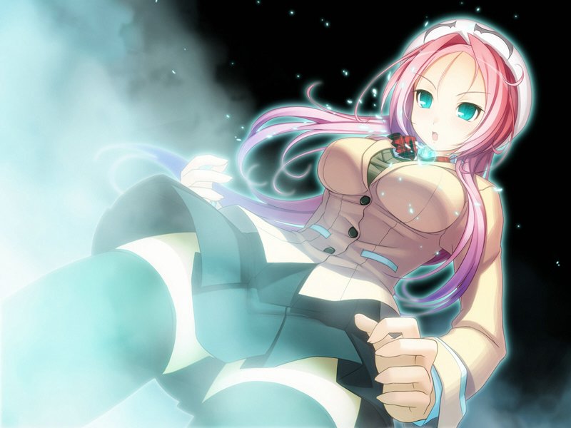 1girl breasts clothed dra+koi female green_eyes large_breasts long_hair nitro+ pink_hair solo