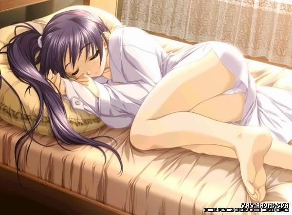 ass barefoot bed black_hair bottomless dress_shirt duplicate eyes_closed feet game_cg hashimoto_takashi itou_noemi lying on_side panties pantyshot side_ponytail sleeping white_panties with_you