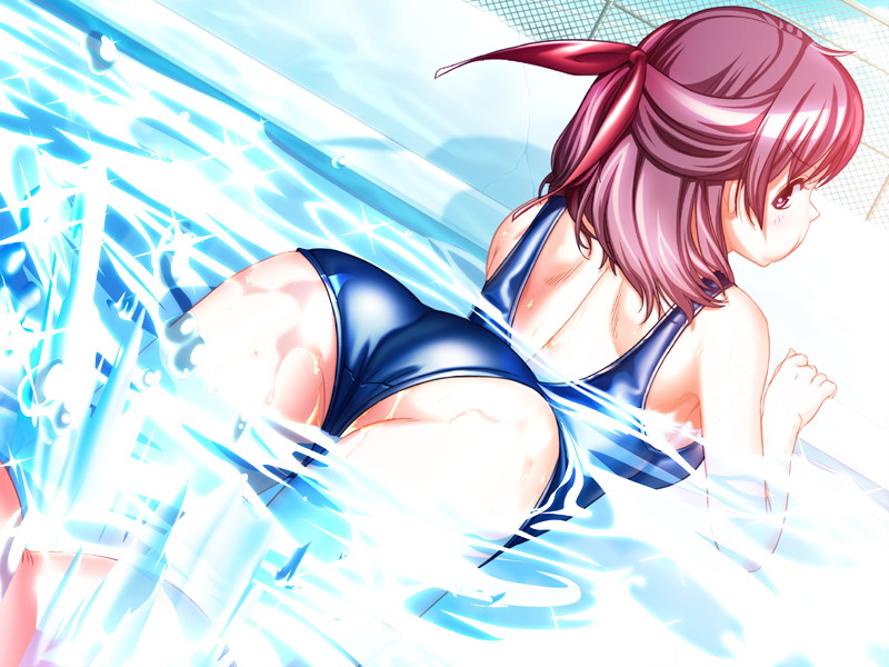 :t annoyed ass bent_over cameltoe chain-link_fence dutch_angle fence from_behind frown game_cg hair_ribbon hiide looking_back one-piece_swimsuit pool puffy_cheeks purple_eyes purple_hair ribbon school_swimsuit shiny shiny_clothes short_hair solo splashing swimsuit water yotsunoha yuzuki_iori