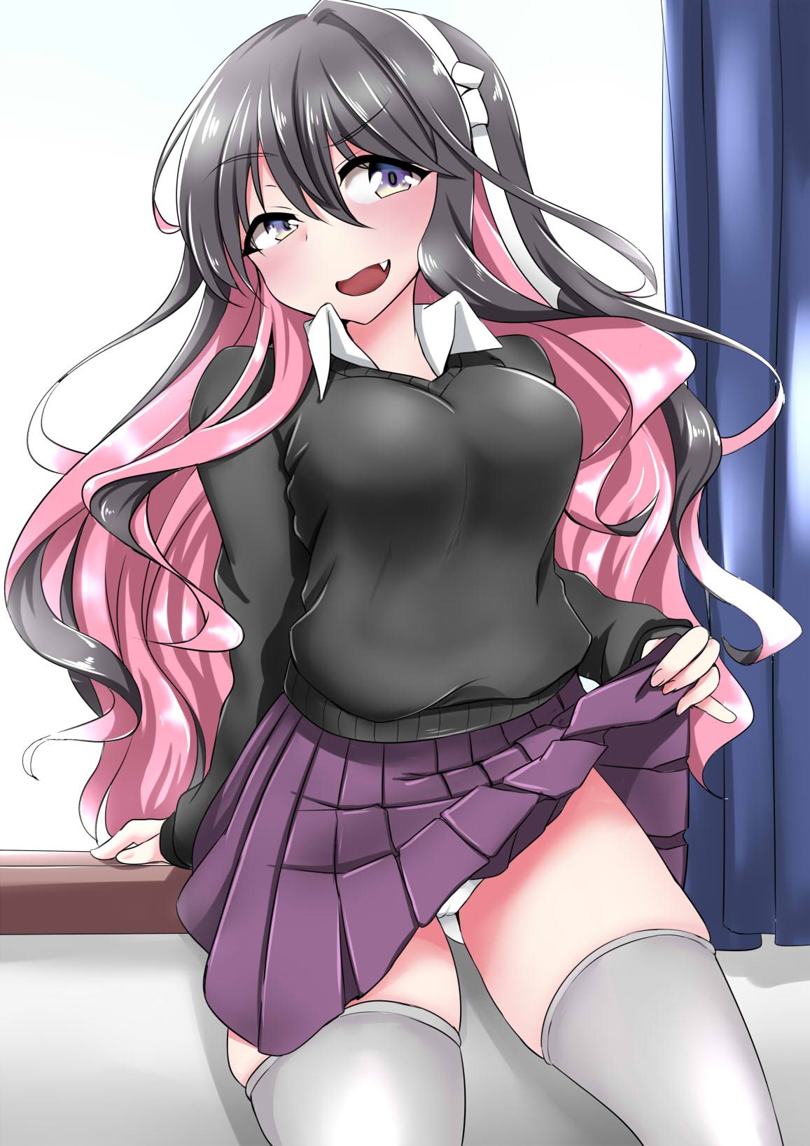 1girl alternate_costume arm_support black_hair black_sweater blue_eyes blush breasts commentary_request cowboy_shot curtains fang fingernails gradient_eyes hair_ribbon highres indoors kantai_collection kashiwamochi_(kashiwakashiwa) large_breasts long_hair looking_at_viewer multicolored multicolored_eyes multicolored_hair naganami_(kantai_collection) naughty_face open_mouth panties pink_hair pleated_skirt purple_skirt remodel_(kantai_collection) ribbon school_uniform shirt skindentation skirt skirt_lift solo sweater thighhighs thighs two-tone_hair underwear very_long_hair wavy_hair white_panties white_ribbon white_shirt window windowsill yellow_eyes zettai_ryouiki