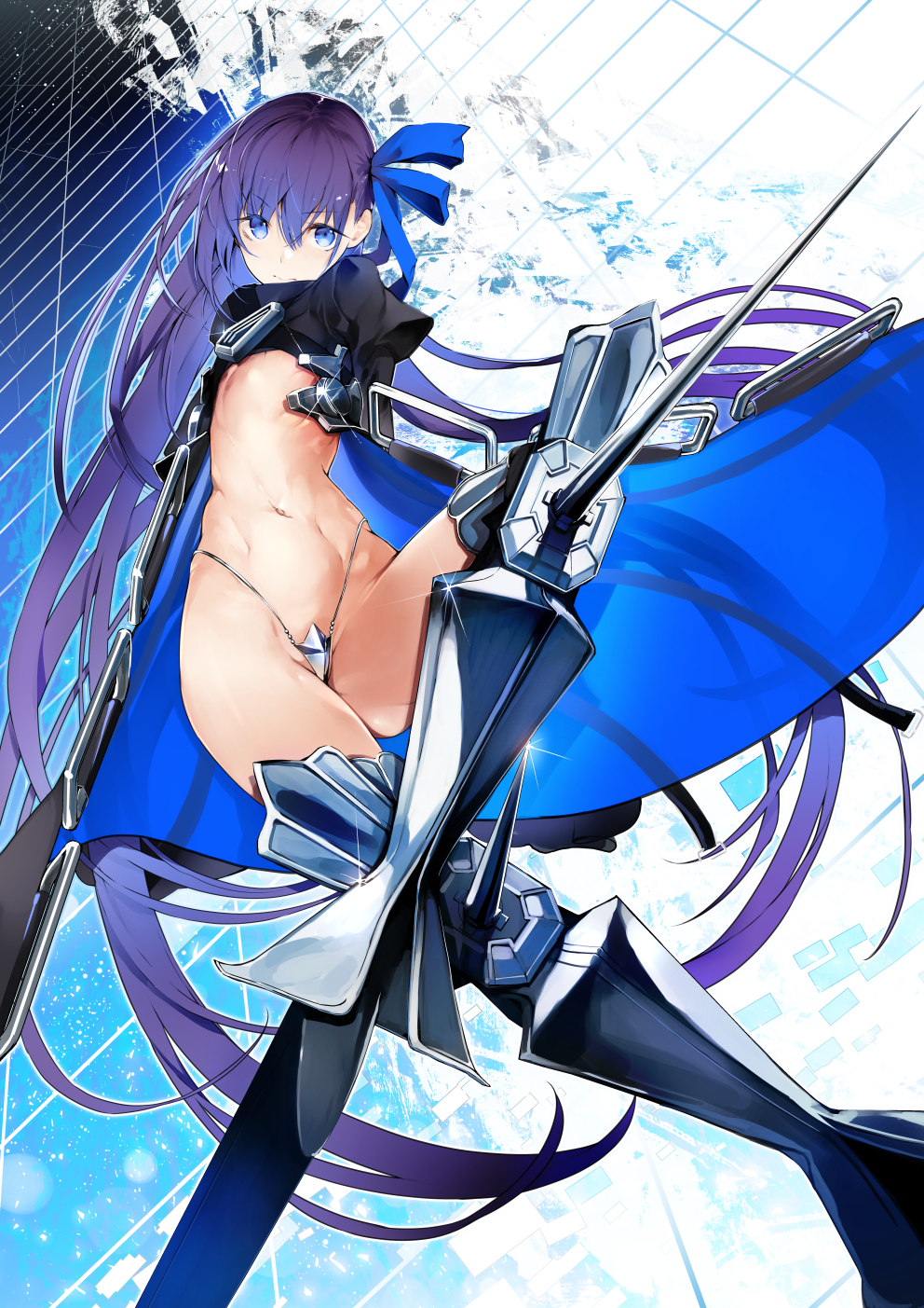 1girl blue_eyes blue_ribbon coat crotch_plate fate/extra fate/extra_ccc fate/grand_order fate_(series) flat_chest hair_ribbon highres long_hair meltlilith metal_boots midriff navel nishiide_kengorou no_pants official_art prosthesis prosthetic_leg purple_hair ribbon solo spikes very_long_hair