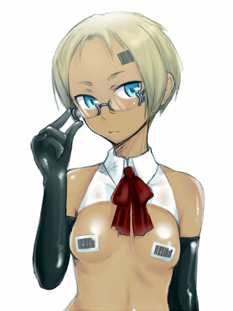 adjusting_eyewear barcode blonde_hair blue_eyes breasts dark_skin detached_collar elbow_gloves em glasses gloves neck_ribbon original pasties red_ribbon ribbon short_hair small_breasts solo sticker topless