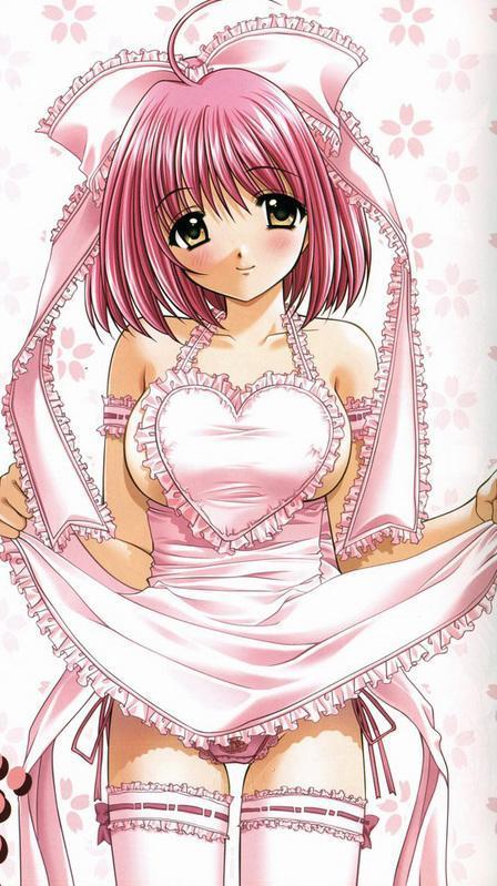 apron blush breasts pink_hair ribbon short_hair smile upskirt