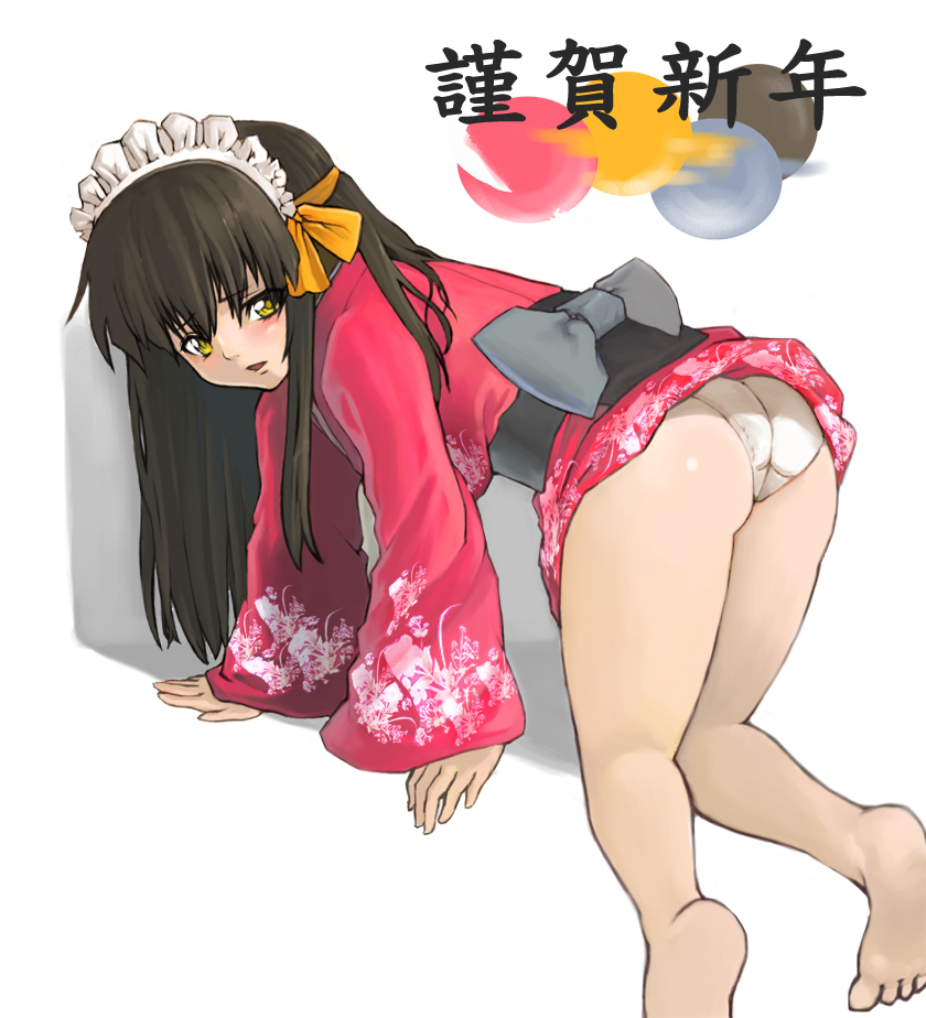 all_fours ass barefoot brown_hair copyright_request feet galugama japanese_clothes kimono new_year solo yellow_eyes