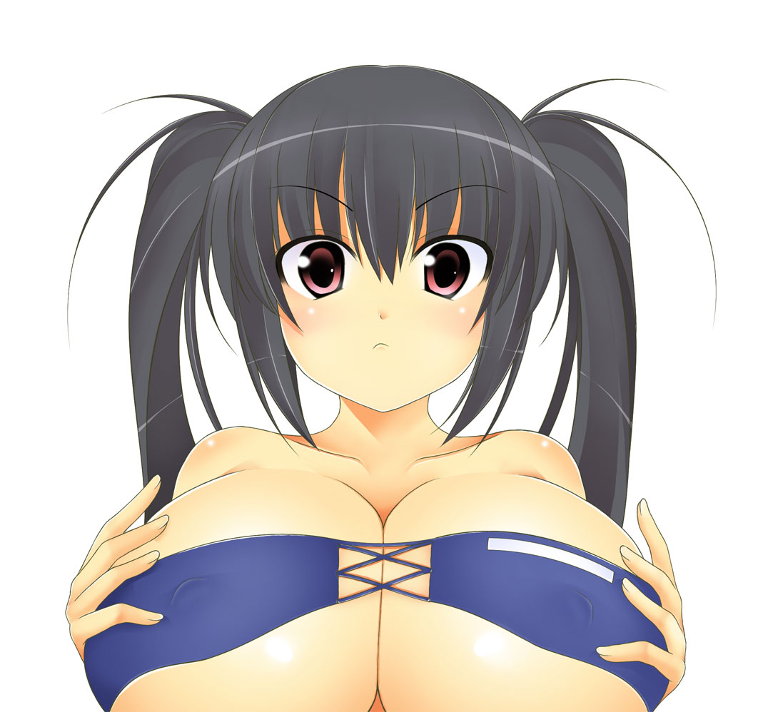 bare_shoulders black_hair blush breasts cleavage collarbone covered_nipples frown huge_breasts kooh kyoku_tou looking_at_viewer pangya red_eyes simple_background solo twintails upper_body white_background