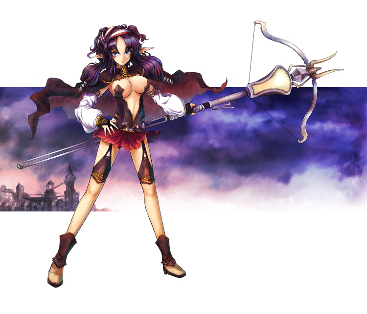 blue_eyes breasts cleavage detached_sleeves fantasy gloves kara_(color) large_breasts original pointy_ears purple_hair skirt solo thighhighs weapon