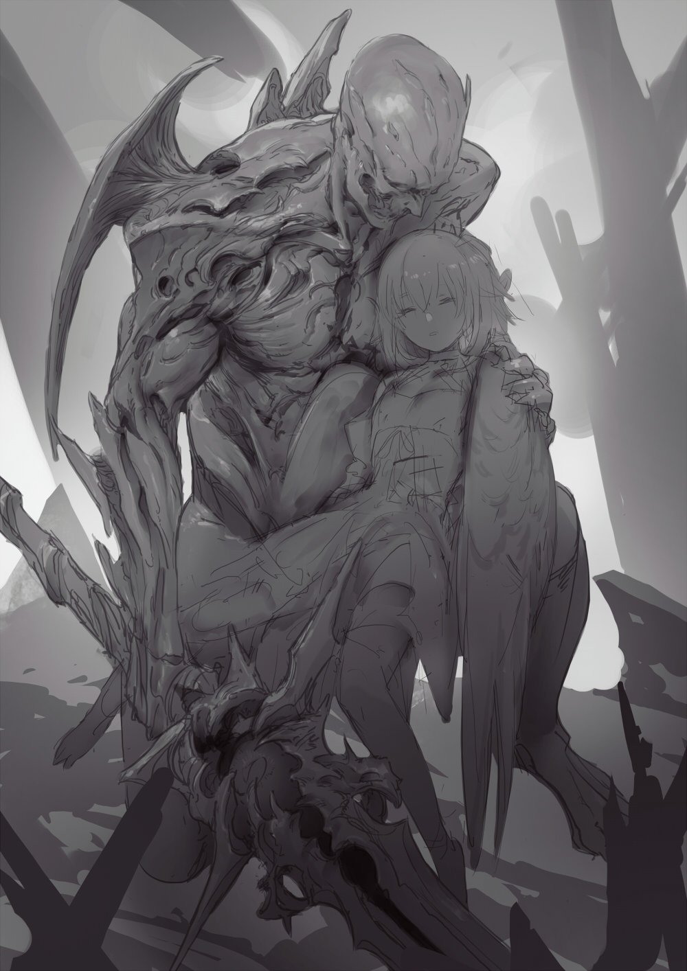 1girl eyes_closed greyscale hair_between_eyes highres hit-kun holding holding_weapon injury kneeling looking_at_another monochrome monster original parted_lips scratches short_hair sketch sword torn_clothes weapon
