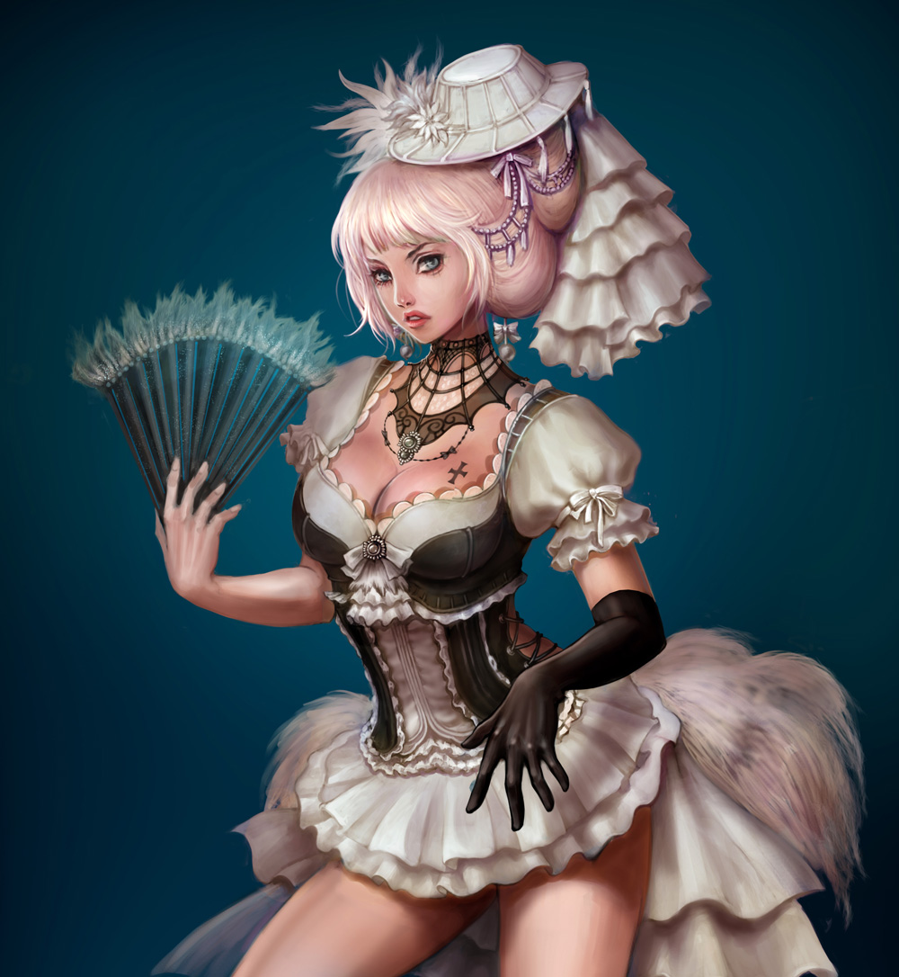 aragaya blonde_hair breasts bustle cleavage copyright_request corset cowboy_shot cross elbow_gloves fan frills gloves green_eyes hat jewelry large_breasts miniskirt necklace skirt solo tattoo victorian