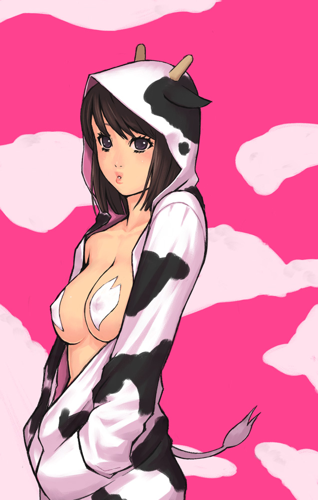 animal_costume animal_ears animal_print areolae bad_id bad_pixiv_id breasts brown_eyes brown_hair covered_nipples cow_costume cow_ears cow_horns cow_print cow_tail hood hoodie horns large_breasts open_clothes original pasties see-through short_hair solo tail yuuji_(and)