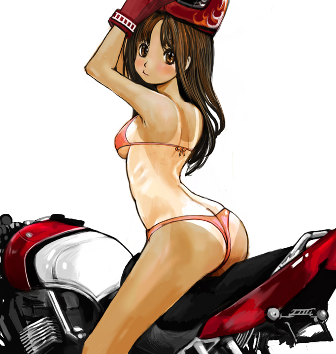 armpits arms_up ass bikini breasts brown_eyes brown_hair butt_crack from_side gloves ground_vehicle helmet kazaana long_hair medium_breasts motor_vehicle motorcycle one-piece_tan original red_bikini ribs simple_background sitting solo swimsuit tan tanline underboob white_background