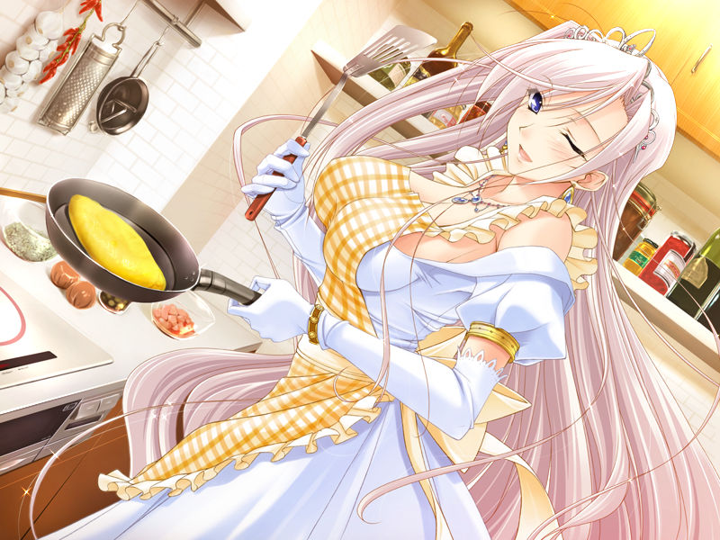apron breasts charlotte_hazellink cooking dress elbow_gloves frying_pan game_cg gloves jewelry komori_kei large_breasts long_hair necklace one_eye_closed princess_lover solo tiara