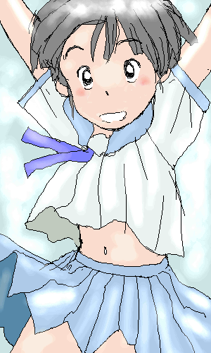 awatake_takahiro black_hair blush happy lowres school_uniform schoolgirl short_hair skirt smile wind windy