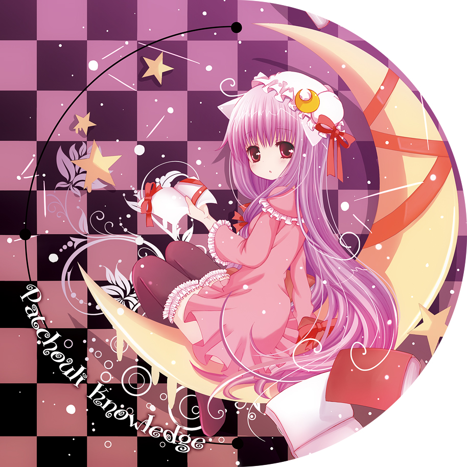 animal_ears book cat_ears catbell character_name crescent hat leaf long_hair looking_back patchouli_knowledge purple_hair ribbon sitting solo star touhou