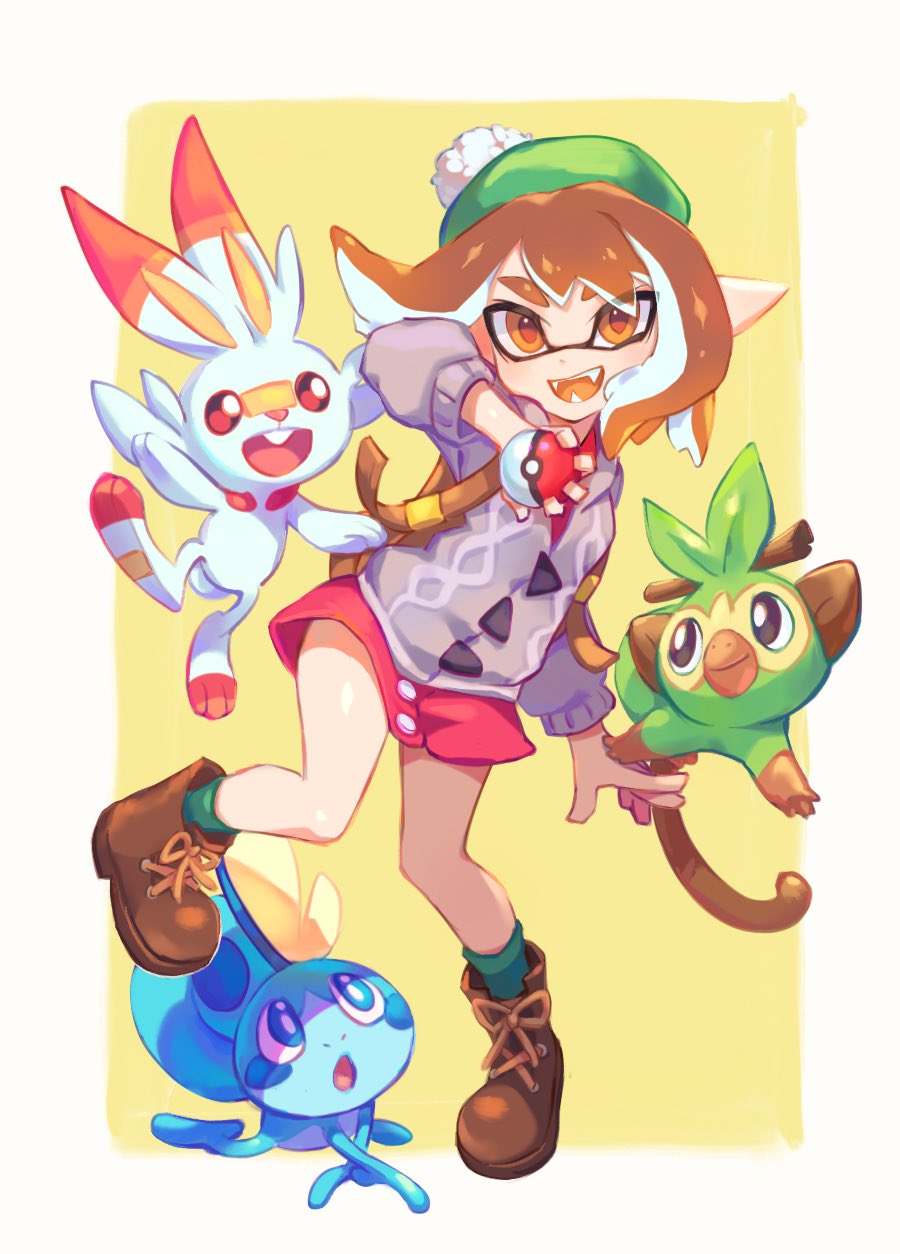 1girl animal_ears arm_up backpack bag boots brown_eyes brown_footwear brown_hair bunny_ears buttons creatures_(company) fangs female_protagonist_(pokemon_swsh) game_freak gen_8_pokemon green_hat green_legwear grey_jacket grookey hat highres holding holding_poke_ball inkling jacket jtveemo laces looking_at_viewer nintendo open_mouth pink_skirt poke_ball pokemon pokemon_(creature) pokemon_(game) pokemon_swsh scorbunny short_hair skirt sobble splatoon_(series) standing standing_on_one_leg strap tam_o'_shanter two-tone_background
