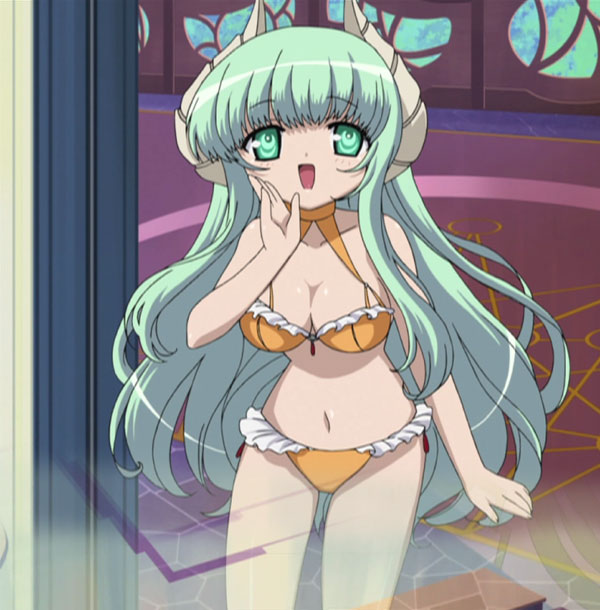 bikini breasts falce green_eyes green_hair horns large_breasts long_hair magician's_academy screencap solo stitched swimsuit third-party_edit