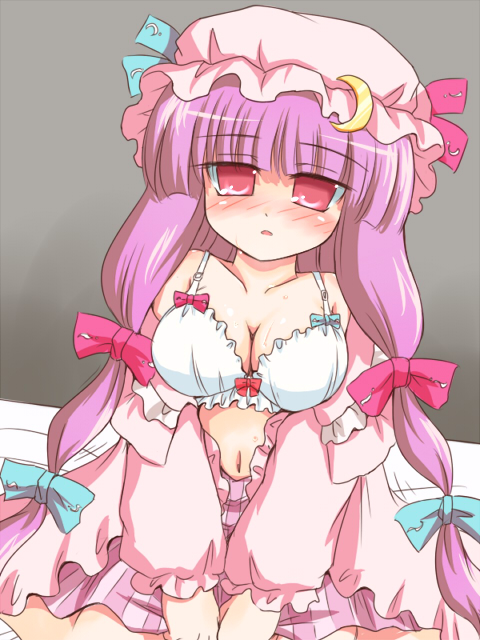 bed blush bow bra crescent hat lingerie long_hair non-web_source patchouli_knowledge pink_bow purple_hair ribbon ry solo touhou underwear