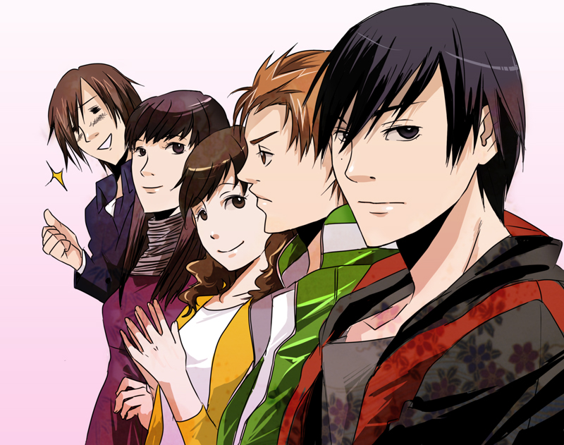 3boys bad_id bad_pixiv_id black_eyes black_hair brown_eyes brown_hair hanaori_kotoha hood hoodie ikenami_ryuunosuke kazuki_(kazu-king) mole mole_under_mouth multiple_boys multiple_girls samurai_sentai_shinkenger sentai shiba_takeru shiraishi_mako super_sentai tani_chiaki thumbs_up turtleneck