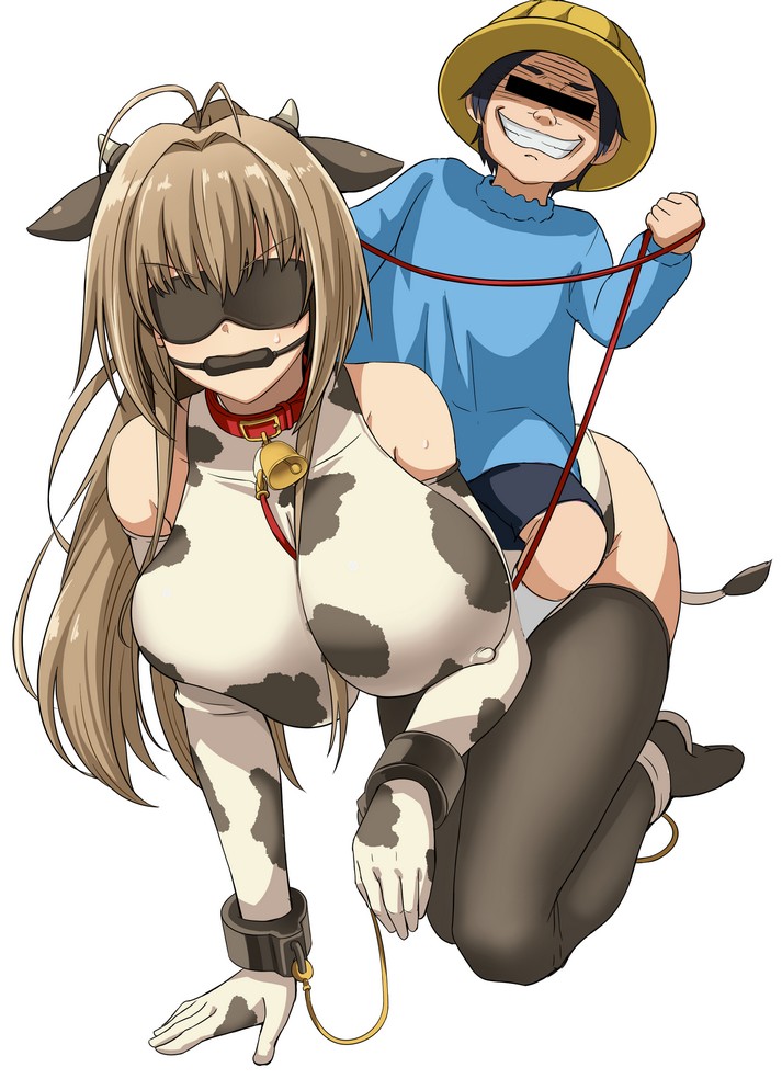 1boy 1girl all_fours amagi_brilliant_park animal_ears animal_print antenna_hair bangs bare_shoulders bell bit_gag black_legwear blindfold breast_press breasts brown_hair censored commentary_request cow_bell cow_ears cow_horns cow_print cow_tail cuffs elbow_gloves erect_nipples gag gloves grin handcuffs hanging_breasts horns identity_censor large_breasts long_hair ribeiku riding sento_isuzu simple_background smile sweat tail thighhighs white_background